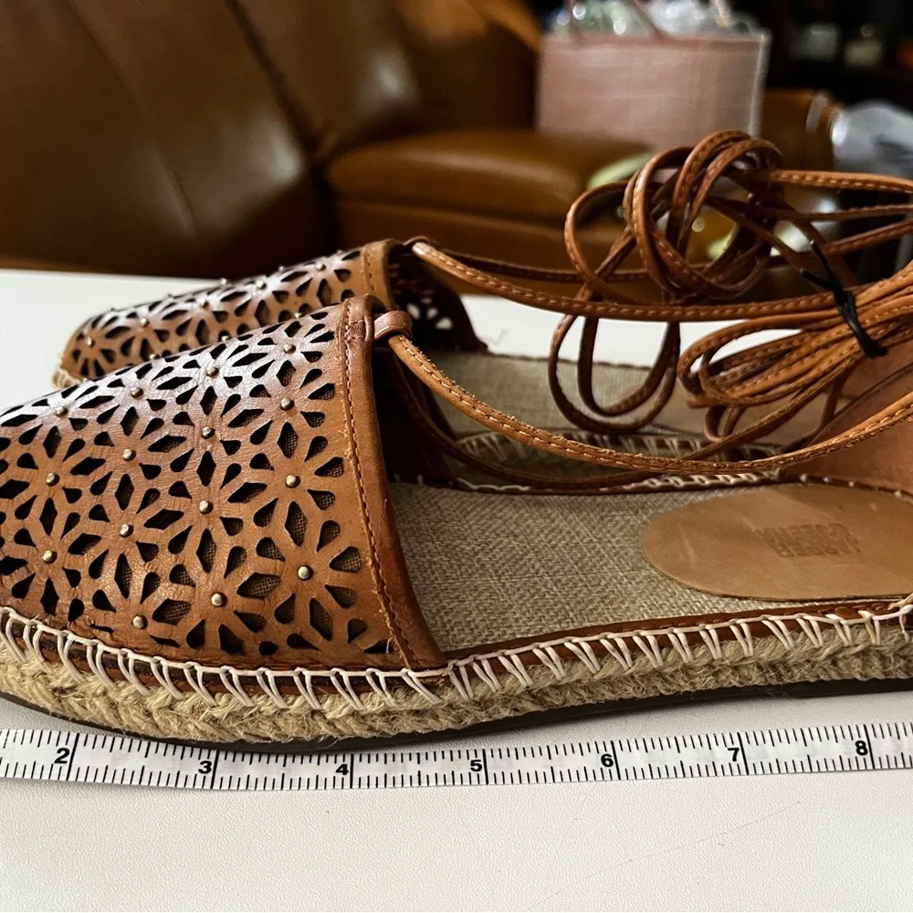 Anthropologie size 8 Brown Leather Laser-Cut Espadrille Ankle-Tie Sandals - Picture 2 of 7